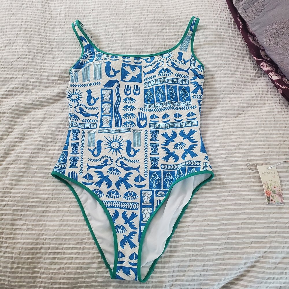 Johnny Was Blue and White One-Piece Swimsuit with Green Trim